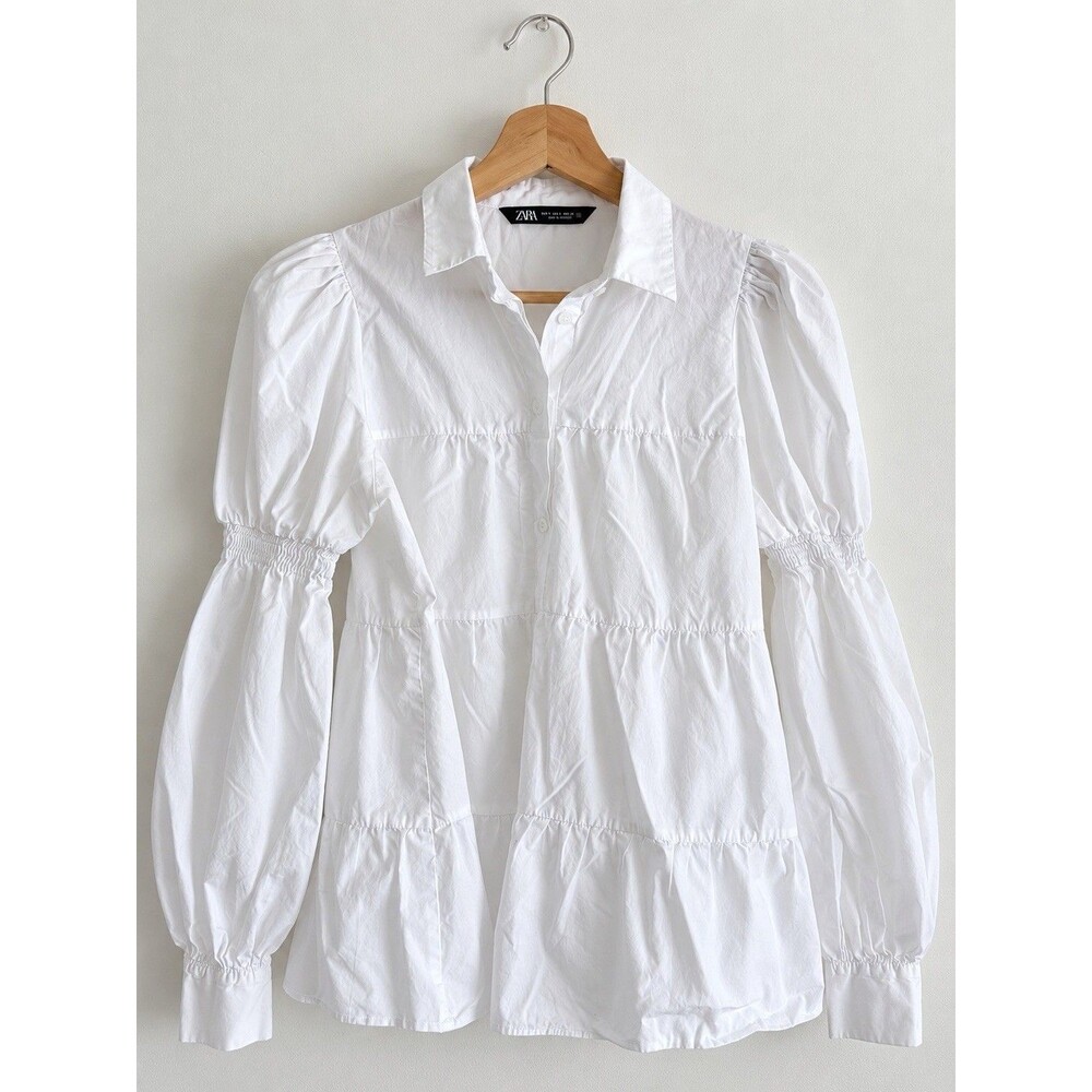 ZARA Women’s White Puff Sleeve Button Down Shirt Blouse Size S